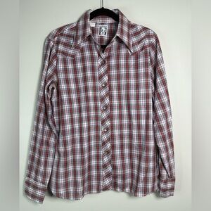 VINTAGE Karman‎ Shirt Mens Size 40 Red Blue Silver Pearl Snap Western Cowboy